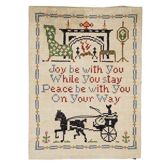 Vtg Colonial Amish Cross Stitch Sampler Sitting Area Fireplace Horse Carriage - Picture 1 of 3